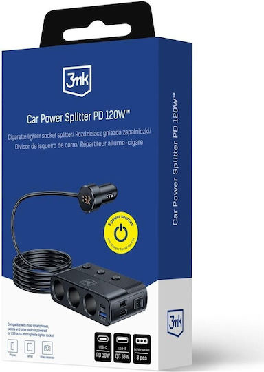 3MK Φορτιστής Αυτοκινήτου 120W 15A Γρήγορης Φόρτισης με Θύρες: 1xUSB 1xType-C μαζί με Καλώδιο Ενσωματωμένο και Βολτόμετρο Μαύρο Χρώμα - Image 2