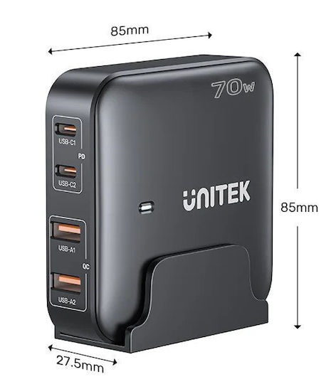 Unitek Βάση Φόρτισης GaN με 2 Θύρες USB-A και 2 Θύρες USB-C 70W Quick Charge 3.0 σε Μαύρο χρώμα (P1228ABK) - Image 7