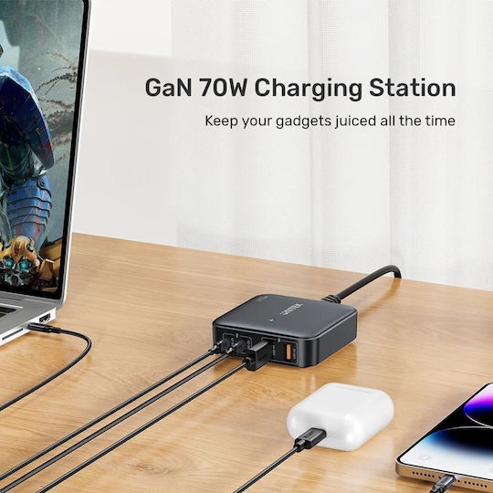 Unitek Βάση Φόρτισης GaN με 2 Θύρες USB-A και 2 Θύρες USB-C 70W Quick Charge 3.0 σε Μαύρο χρώμα (P1228ABK) - Image 4