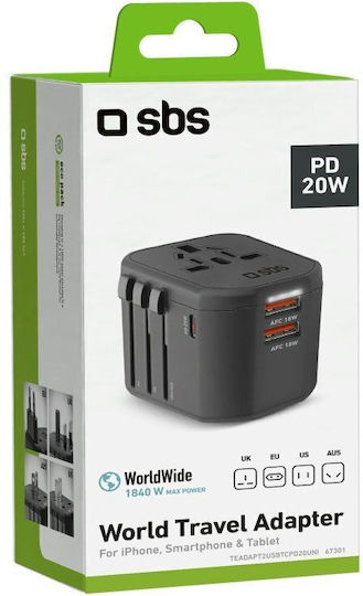 SBS T2USBTCPD20UNI Αντάπτορας Πρίζας από Universal σε Universal - Image 3