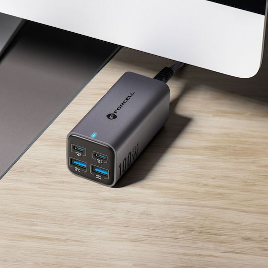 Forcell Βάση Φόρτισης GaN με 2 Θύρες USB-A και 2 Θύρες USB-C 100W Power Delivery / Quick Charge 4.0 σε Γκρι χρώμα (VT-51) - Image 4