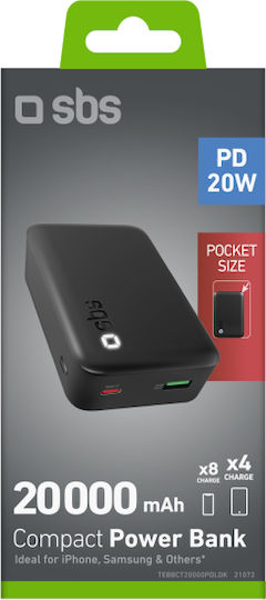 SBS Power Bank 20000mAh 20W με Θύρα USB-A και Θύρα USB-C Power Delivery Μαύρο - Image 2