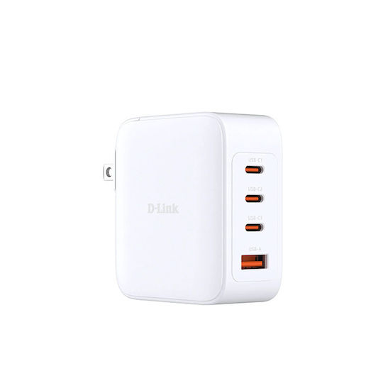D-Link Φορτιστής Χωρίς Καλώδιο GaN με Θύρα USB-A και 3 Θύρες USB-C 100W Power Delivery Λευκός (DCP-101)