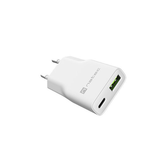 Natec Φορτιστής Χωρίς Καλώδιο GaN με Θύρα USB-A και Θύρα USB-C 20W Power Delivery Λευκός (NUC-2376)