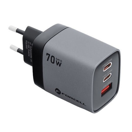 Forcell Φορτιστής Χωρίς Καλώδιο GaN με Θύρα USB-A και 2 Θύρες USB-C 70W Power Delivery / Quick Charge 4.0 Γκρι (VT-37) - Image 4