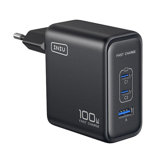 Iniu Φορτιστής Χωρίς Καλώδιο με Θύρα USB-A και 2 Θύρες USB-C 100W Power Delivery / Quick Charge 4.0 Μαύρος (WAL101)