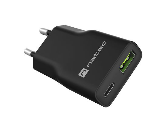 Natec Φορτιστής Χωρίς Καλώδιο GaN με Θύρα USB-A και Θύρα USB-C 20W Power Delivery Μαύρος (NUC-2377)